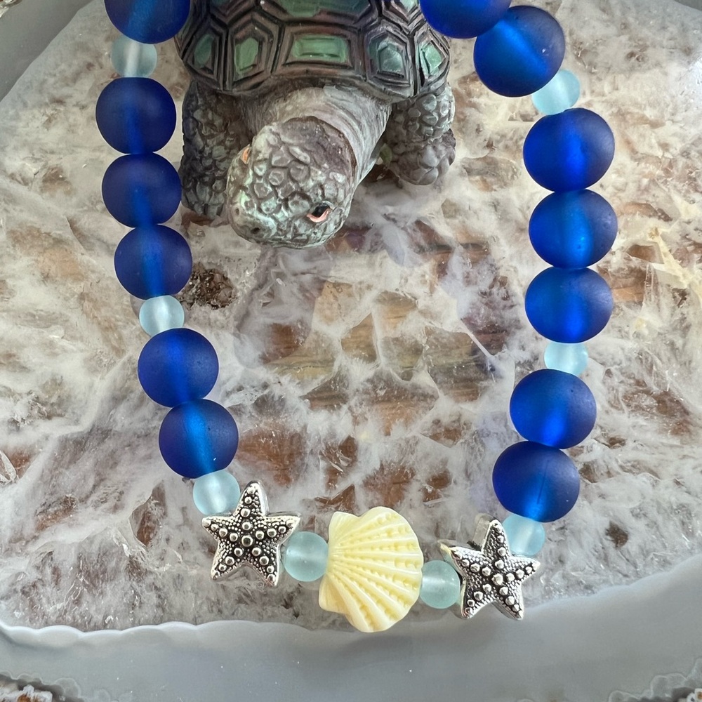 Blue sea Glass and Silver Nautical Jewelry with Starfish Accents